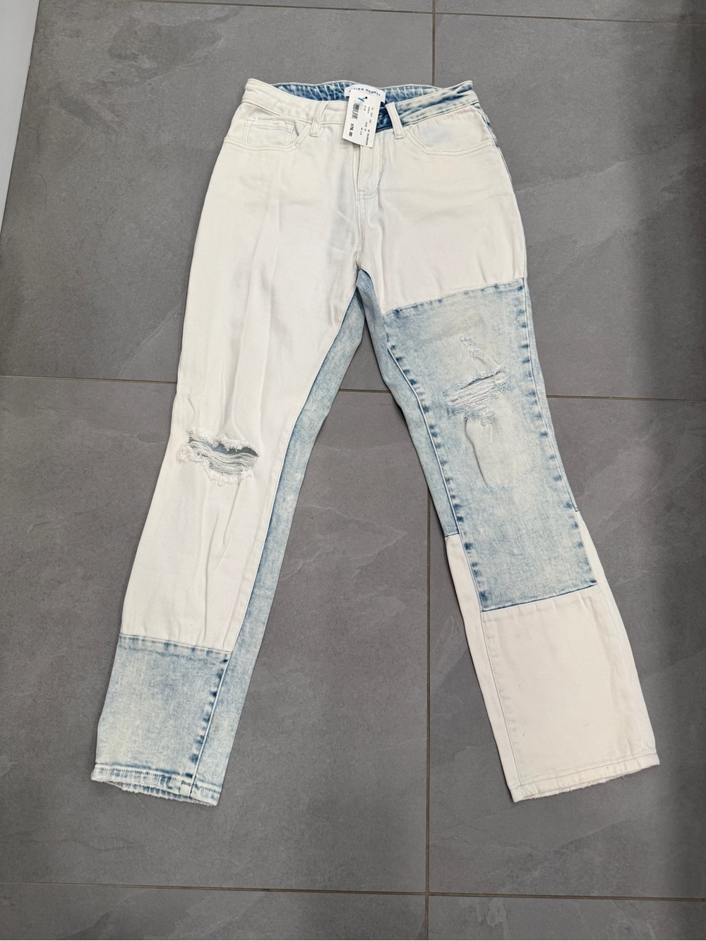 Flying Monkey Two-Tone Patchwork Jeans - Light Blue/White